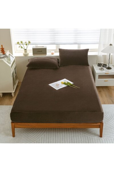 OEM Bed Cover and 2 Pillowcases, Velvet, Solid, 3 Pieces, Double, 180x200cm, Brown Latte