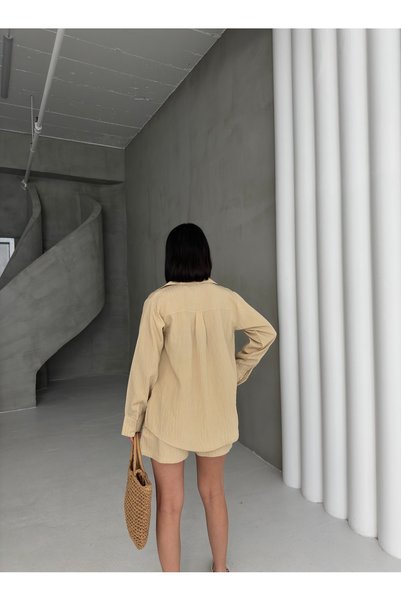 OUZ Fashion Women's Linen Shirt and Shorts Two-Piece Set