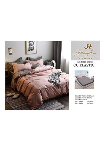 OEM Bed Linen Set, Elastic Sheet, Satin Cotton, 2 Persons, 4 Pieces, 180x200cm, Gray-Pink