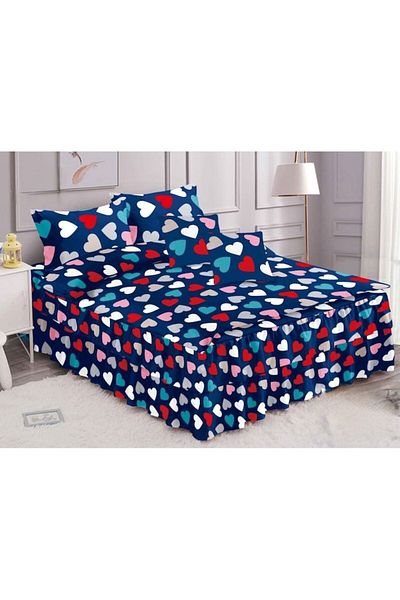 OEM Double Bed Set with Ruffles, Spring, Colorful Hearts, 6 Pieces, Cotton Finet, 200x230 cm