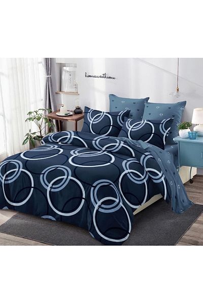 OEM Lenjerie de Pat, Finet, 4 piese, 1 persoana, 160x200cm, Imprimeu Cercuri, Bleumarin