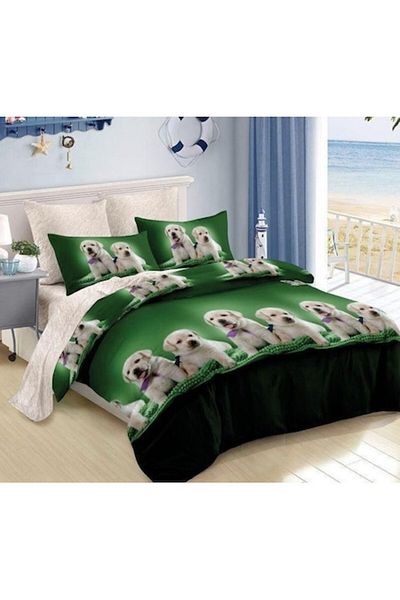 Pucioasa Double Bed Linen Set, Pucioasa, Finet, 6 Pieces, Two People, Puppies Print, 245x250cm, Green-Beige