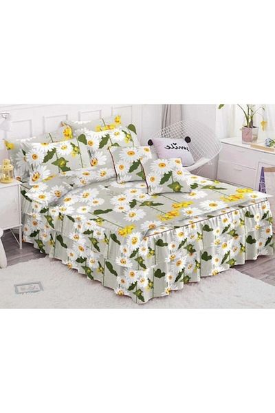 Pucioasa Double Bed Linen with Ruffles, Pucioasa, Finet, 6 Pieces, Daisy Print, 200x230cm