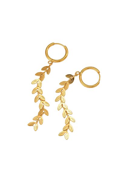 Eva Grace Samina earrings, gold, long, made of stainless steel, with leaf pattern