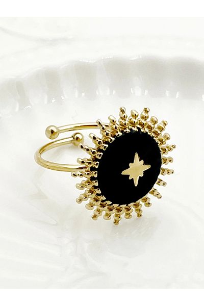 Eva Grace Tisha ring, gold with black, stainless steel, sun-shaped, adjustable