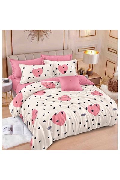 OEM Double Bed Linen Set, 6 Pieces, Reversible/with Elastic, Heart Print, 180x200cm, Satin Finet, Multic