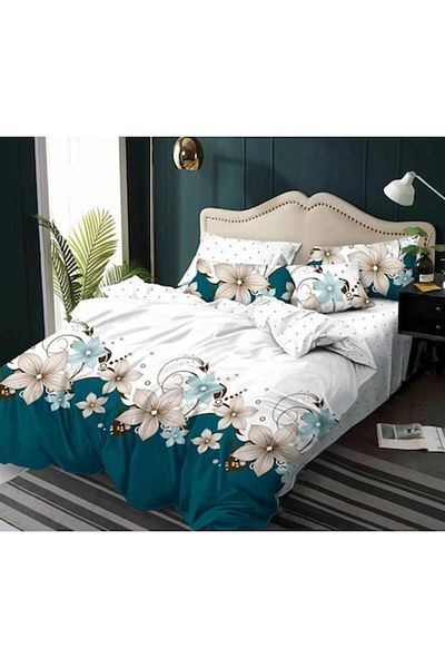 Pucioasa Double bed linen, Pucioasa, Finet, 6 pieces, 2 persons, White Flowers print, 245x250cm, White-Tur
