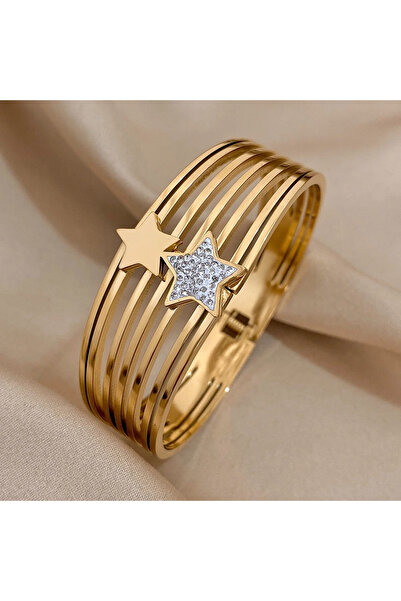 Eva Grace Brățară Zahra, aurie, cu zirconiu și model stele, din oțel inoxidabil