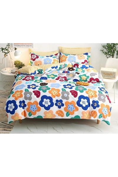 OEM Lenjerie de pat, Bumbac Satinat, 1 persoana, 4 piese, imprimeu Flori Pictate, 155x200cm