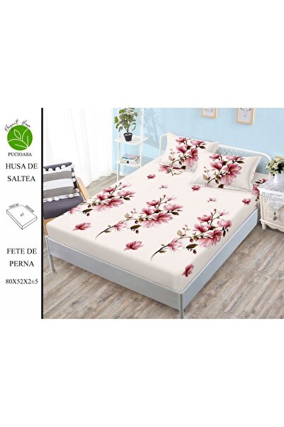 OEM Set Husa de pat din finet, 3 piese Elegant Home, 2 fete de perna, pentru pat 180x200cm, alb roz