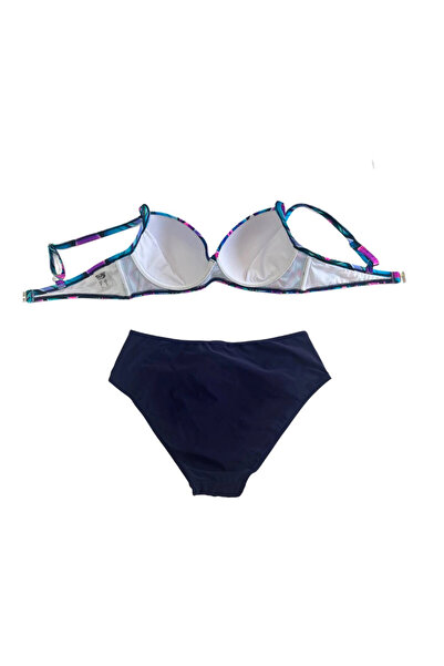 hazelin Kadın Lacivert Sarı Çiçek Desenli Astarlı Büyük Beden Bikini Takımı HZL25S-LC24108