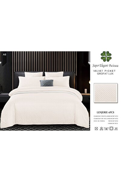 Pucioasa Double Bed Linen Set, Velvet Picket Grofat Lux, Pucioasa, 6 Pieces, Uni, 245x250cm, Off White