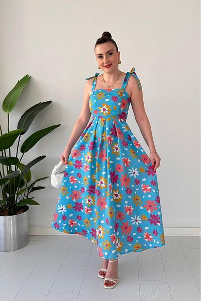 MaziButik Flower Strap Dress Blue
