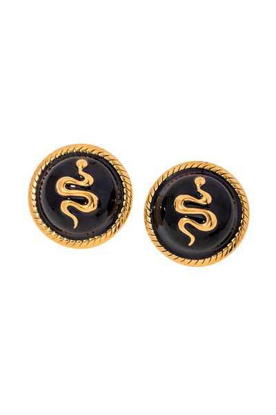Eva Grace Kyra earrings, round, gold and black, made of stainless steel, with snake pattern