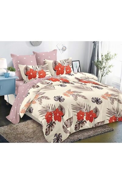 OEM Double Bed Set, Cotton, 6 Pieces, Mini Bouquet Print, 230x250cm, Beige-Plum