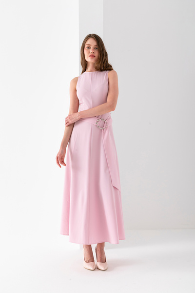 VUNTAL Kolsuz Uzun Kuşaklı Elbise Poliviskon