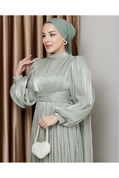 welting Şifon Pelerinli Kadın Tesettür Abiye Elbise Su Yeşili