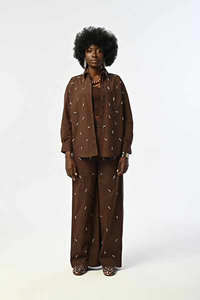 Orfeo Negro Women's Brown Oversize Shirt with Stone Embroidery on the Front