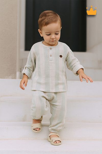 Babyhola 0-2 Years 100% Cotton Double Layer Muslin Fabric Striped Baby Boy Kids Suit Green 2205