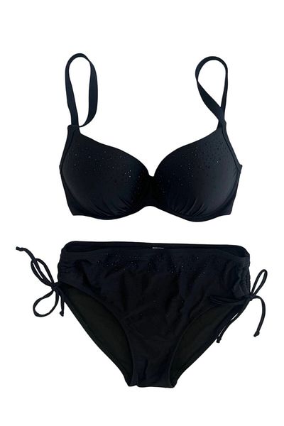 hazelin Women's Black Stone Embroidered Lined Plus Size Bikini Set Hzl25S-Lc2099