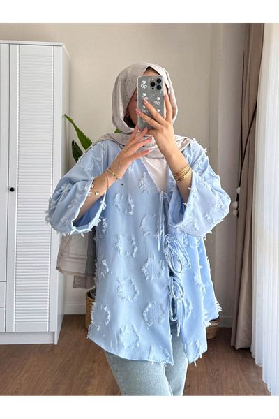 RFK Butik Kimono de in pentru femei cu ciucuri în față, albastru