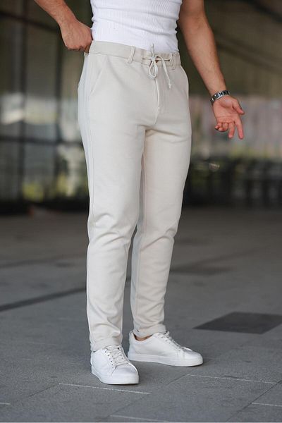 Miron Men's Cream Jogger Trousers – Lace-Up Zipper Pocket - 2534