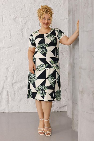 Madwilo Γυναικείο Μίντι Φόρεμα με Πράσινο Λευκό Monstera Pattern