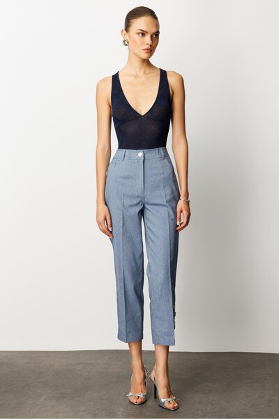 Moda İlgi Modailgi Paçası Kuşgözü ve İnci Detaylı Pantolon - 70041 İndigo