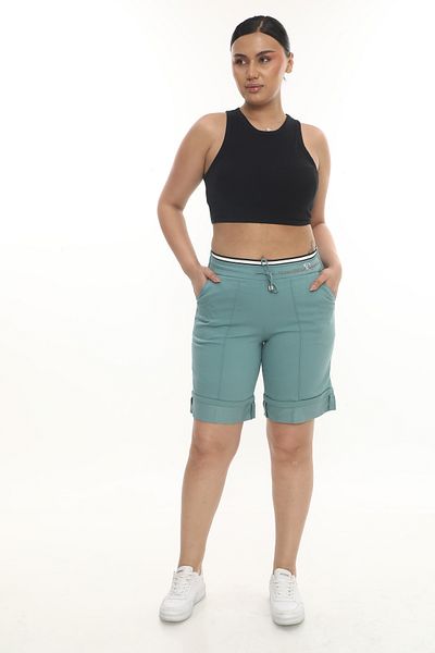 EXİTLİNE Women's Summer Petrol Green, Stone Elastic Bermuda Shorts Capri