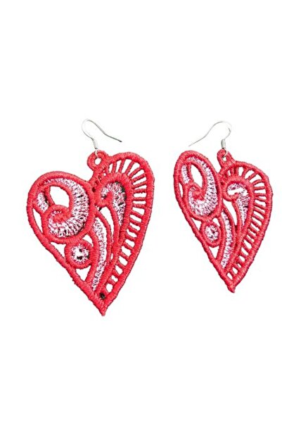 ARIALE - Embroidered Heart Earrings, heart, red