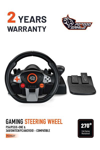 porodo Gaming Driving Force Racing Wheel 7in1 Steering Wheel with Responsive Floor Pedal and Gear Le