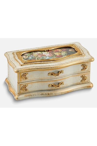 BLA BLA FOAM Musical Jewelry Box with Mirror, Floral Accent, Antique White and Gold, Bla Bla Foam 22x9 cm