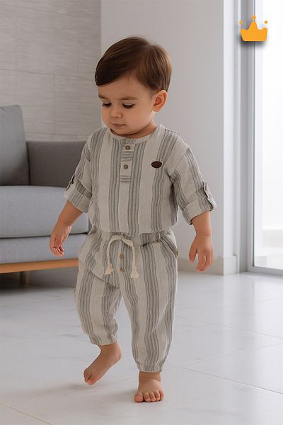Babyhola 0-2 Years 100% Cotton Double Layer Muslin Fabric Striped Baby Boy Kids Suit Gray 2205