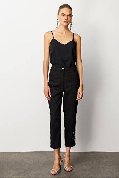 Moda İlgi Modailgi Paçası Kuşgözü ve İnci Detaylı Pantolon - 70041 Siyah