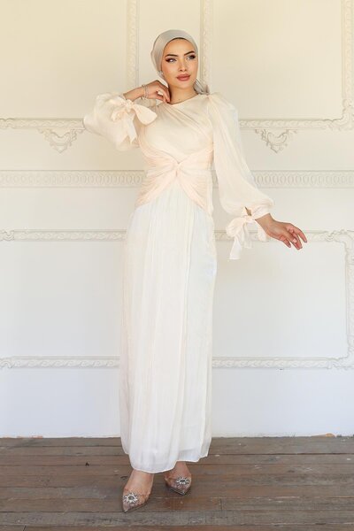 welting Şifon Kol Baglamalı Kadın Tesettür Abiye Elbise Ekru