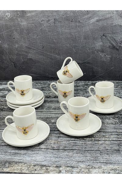 YzHome 6-Person White Porcelain Bee Coffee Cup Set Presentation Cup 100ml