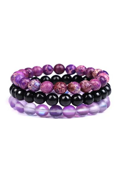OEM SET OF 3 NATURAL CRYSTALS BRACELETS | IMPERIAL JASP | ONYX | PURPLE MOONSTONE | INTUITION STIMULATION