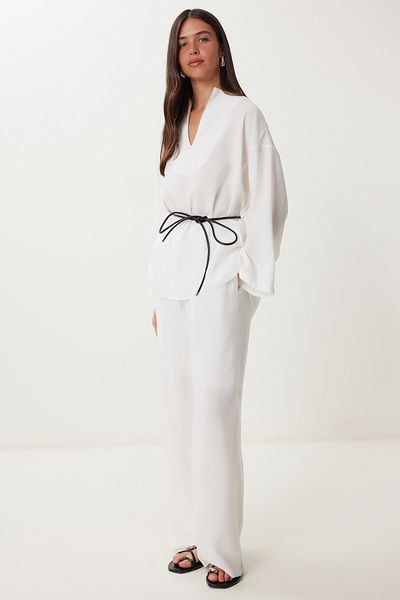 Lovelyİstanbul Modal Blouse Pants Suit with Tie Detail Lno0003 Ecru