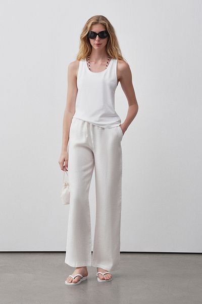 mathilda store Women's White Adjustable Waist Linen Palazzo Pants