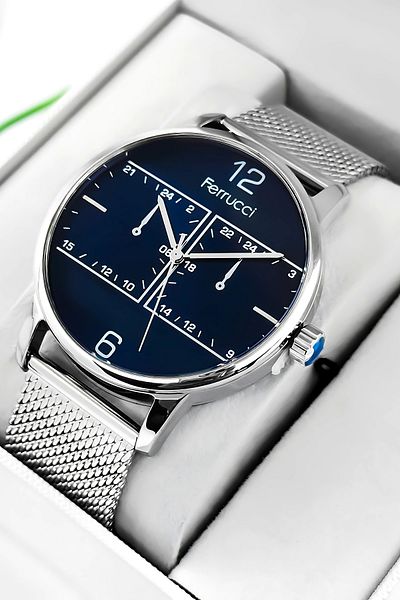 Ferrucci Function Men's Wristwatch Steel Case & Steel Cord Silver-Blue Zmfer191