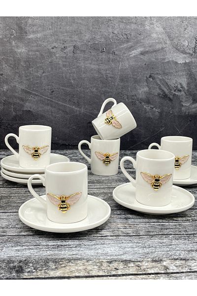 YzHome 6-Person White Porcelain Bee Coffee Cup Set Presentation Cup 100ml