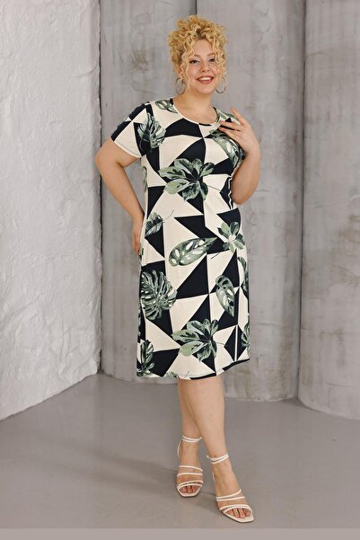 Madwilo Women's Green White Monstera Pattern Midi Dress