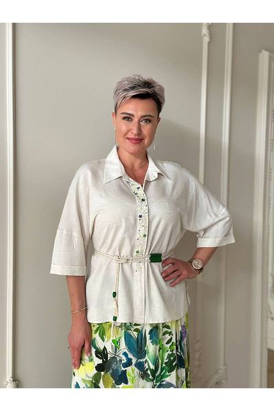 My twins Ewas Design Midi Length Skirt Linen Blouse Women's Plus Size Two Piece Set