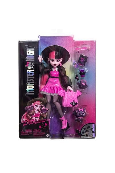 divendi-ro Păpușa Monster High Draculaura cu accesorii incluse, vârsta 4+ ani, 24x7x31cm, roz-negru