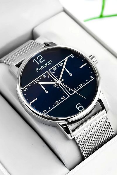 Ferrucci Function Men's Wristwatch Steel Band Silver-Blue Bracelet Gift 3Atm Sdfer173