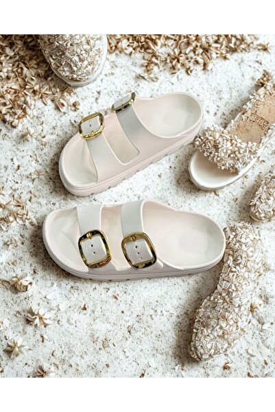 SOFT Γυναικείες παντόφλες Melodi με διπλή πόρπη – Ροζ παραλία με χρυσή λεπτομ...