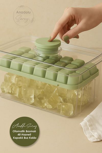 Anadolu Saray Automatic Press 48-Cup Shaped Ice Mold with Lid - Double Compartment Practical Design