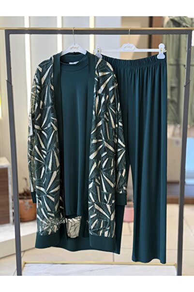 EFRAZE Sim Detaylı Yeşil Ceketli Üçlü Takım 422