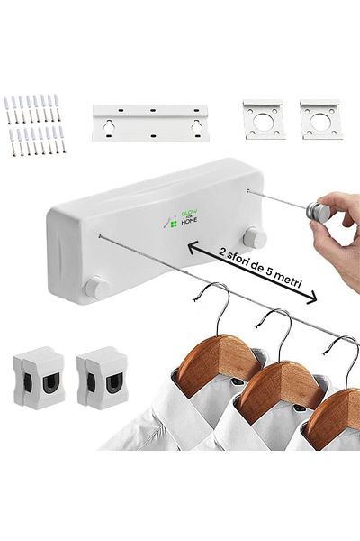 GlowforHome Uscator rufe retractabil cu sfoara dubla 5m, GlowforHome, perete, otel inoxidabil, alb
