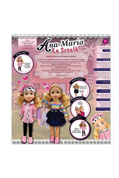 divendi-ro Păpușa Ana Maria la școală, cu 2 rochițe incluse, vârsta 3+ ani, 42x11x54cm, multicoloră